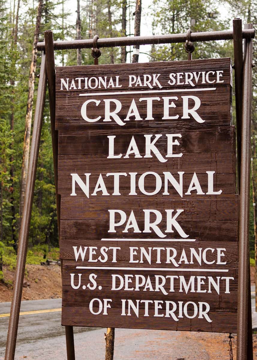 Crater Lake West entrance sign